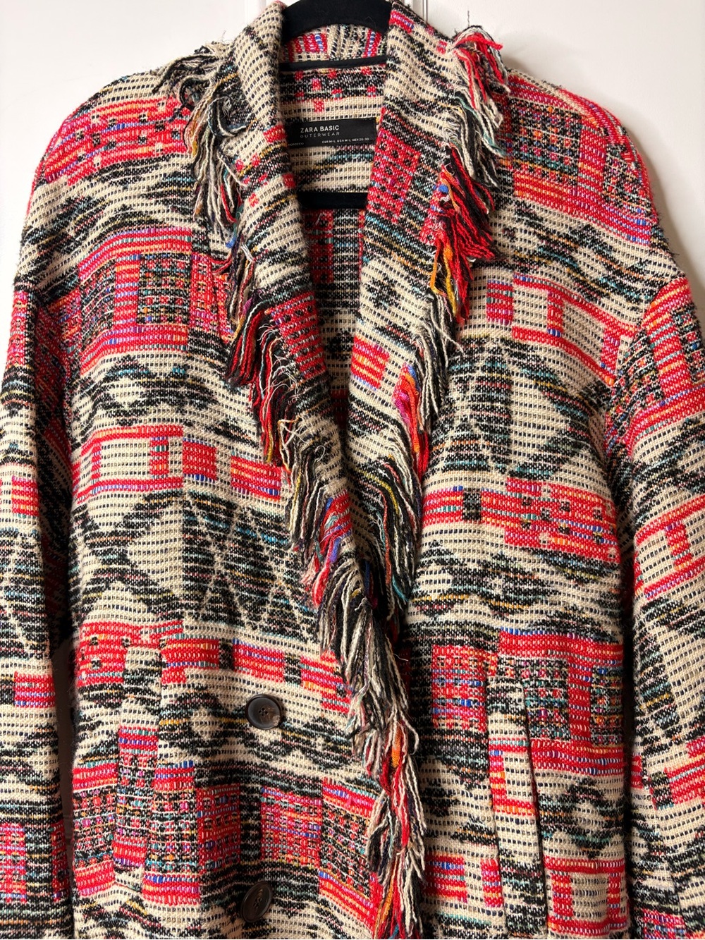 Zara Fringe Open-Front Patterned Jacket - Red & Cream - Picture 14 of 14